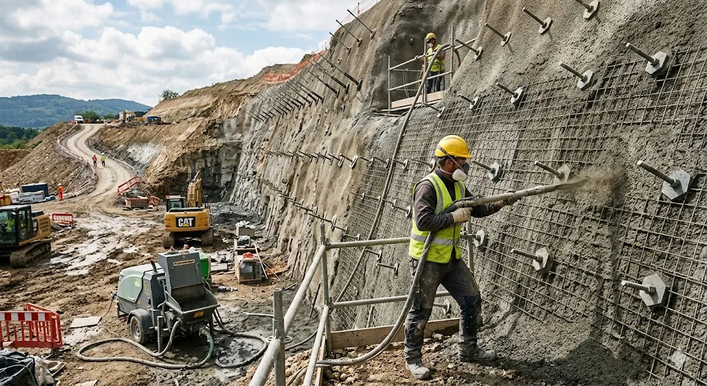 Application de béton projeté sur une paroi clouée
