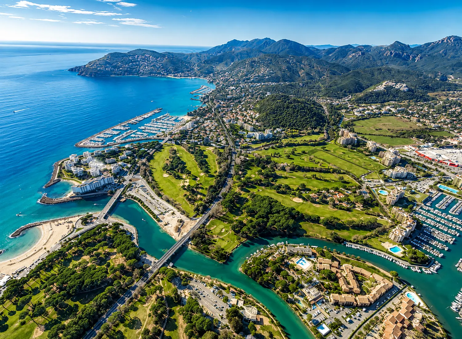 Vue aérienne de Mandelieu-la-Napoule, la Siagne, les ports et l’Estérel