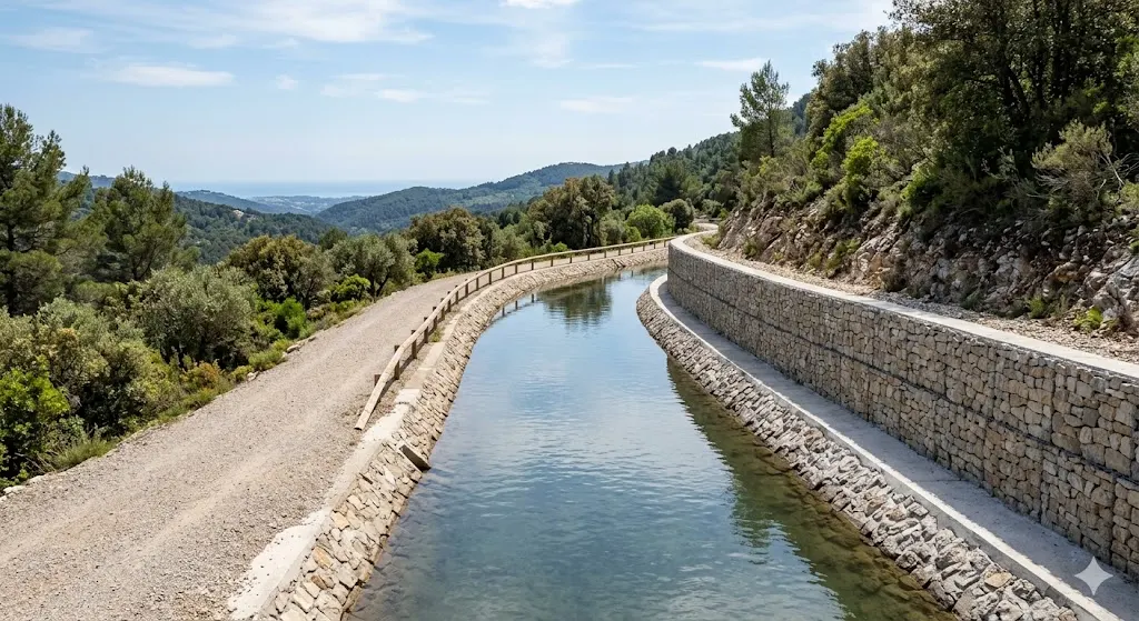 Chantier de Canal de la Siagne — Soutènement maçonné le long du canal — ouvrage hydraulique.
