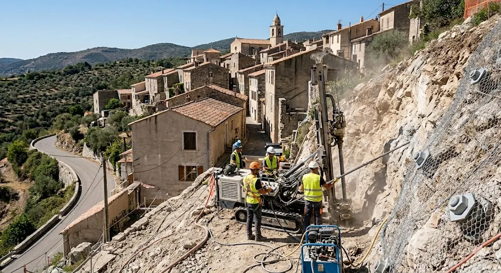 Chantier de Spéracèdes — Stabilisation de versant rocheux — clouage, ancrages & grillage.