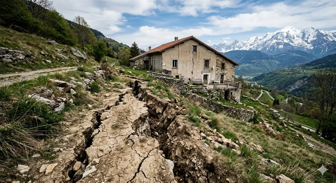 Maison menacée par un glissement de terrain et des fissures du sol