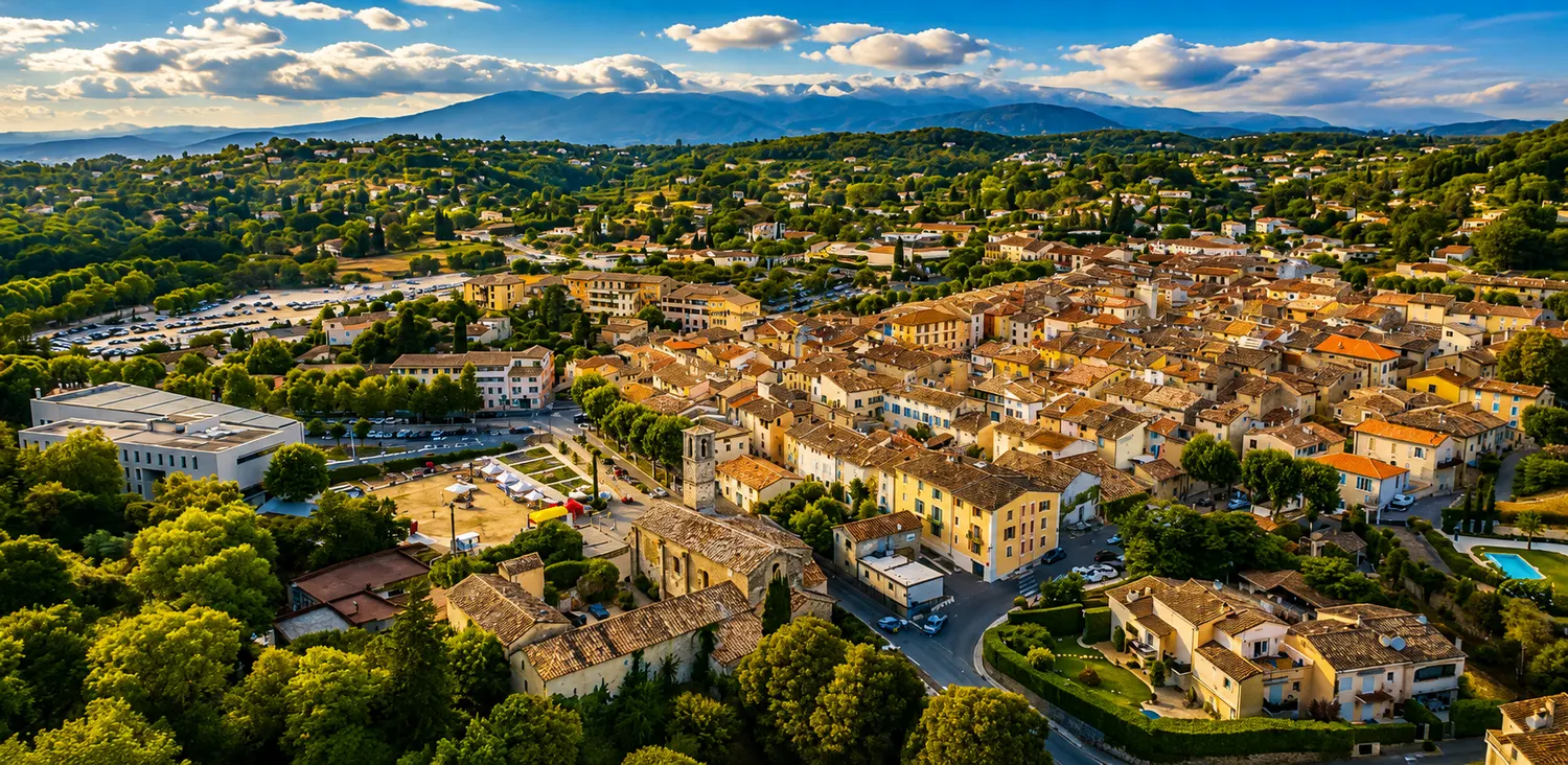 Vue aérienne du village en damier de Valbonne sur son plateau boisé